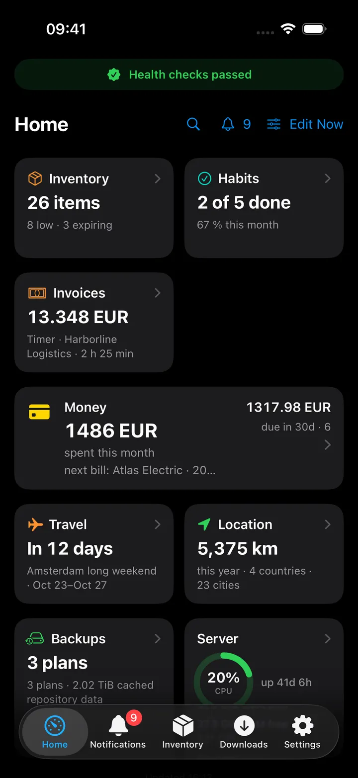 Home with an Inventory card showing 26 items and 8 low · 3 expiring beside the Habits and Invoices cards