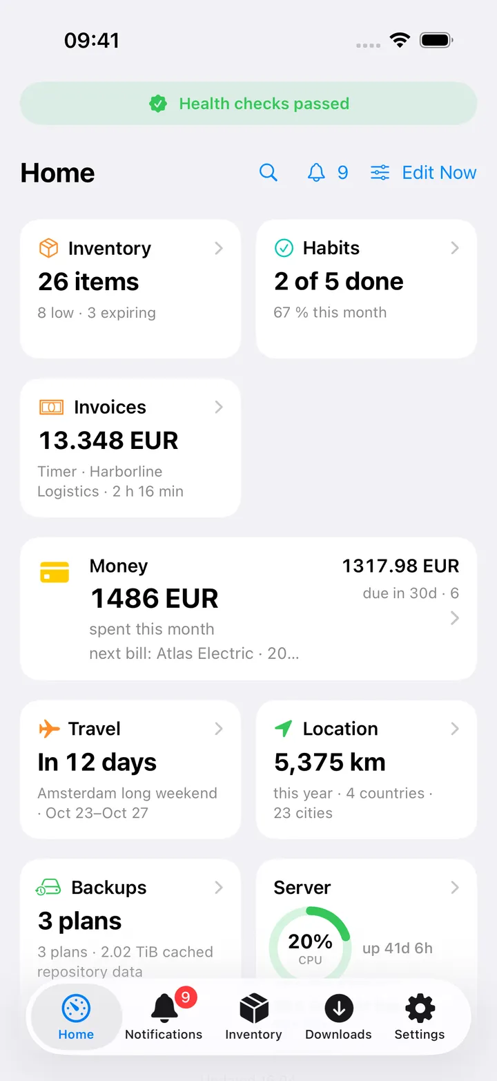 Home with an Inventory card showing 26 items and 8 low · 3 expiring beside the Habits and Invoices cards