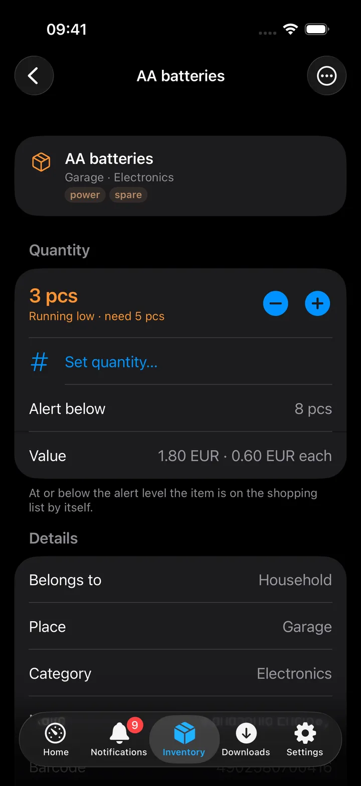 The AA batteries item: 3 pcs in orange with Running low · need 5 pcs, the − and + buttons, Set quantity, Alert below 8 pcs, Value, the details with Make Panasonic Eneloop, the barcode and the note, and the history