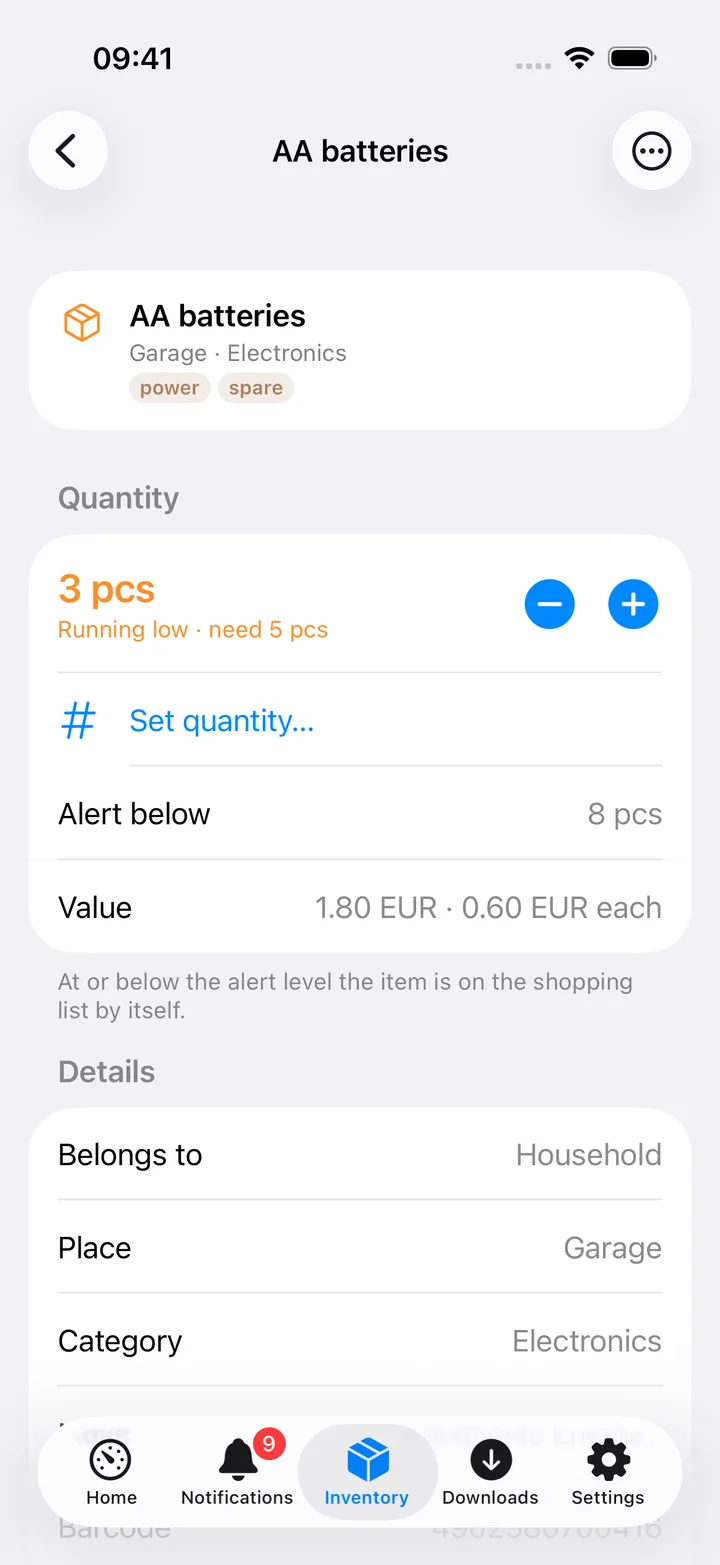 The AA batteries item: 3 pcs in orange with Running low · need 5 pcs, the − and + buttons, Set quantity, Alert below 8 pcs, Value, the details with Make Panasonic Eneloop, the barcode and the note, and the history