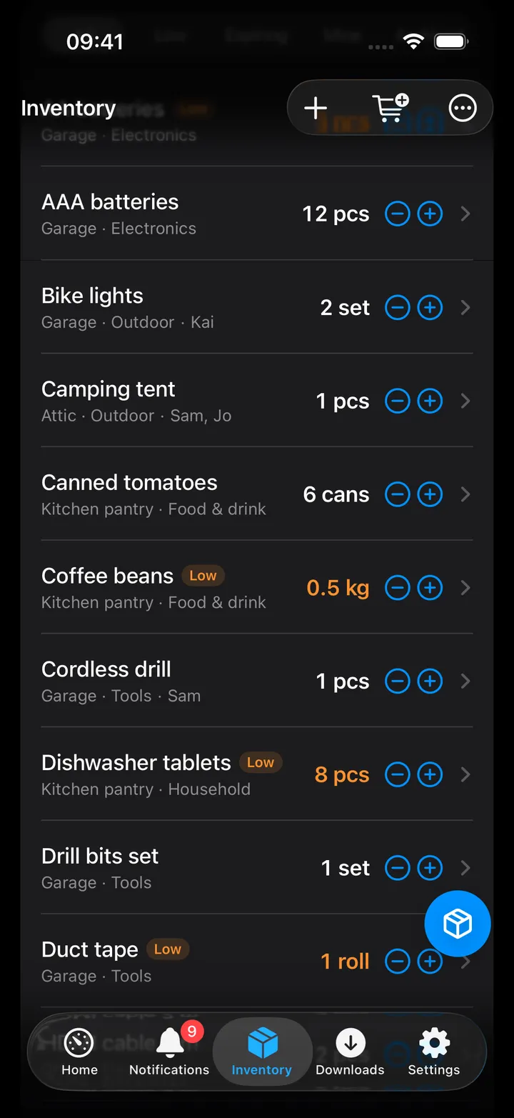 Further down the items: Canned tomatoes, Coffee beans (Low, 0.5 kg), Cordless drill, Dishwasher tablets with their − and + buttons