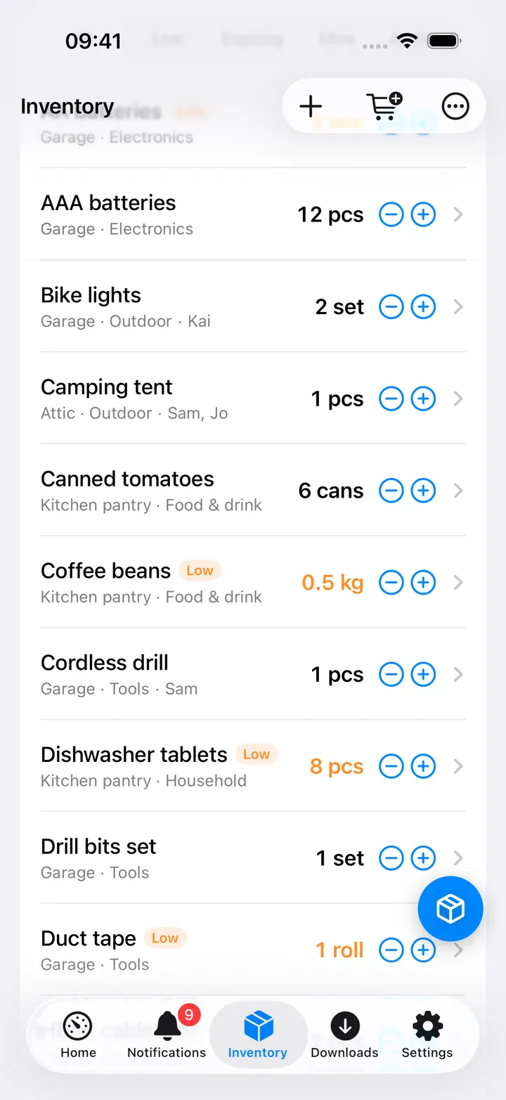 Further down the items: Canned tomatoes, Coffee beans (Low, 0.5 kg), Cordless drill, Dishwasher tablets with their − and + buttons
