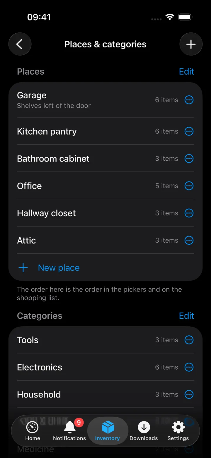 Places & categories: Garage, Kitchen pantry, Bathroom cabinet, Office, Hallway closet and Attic with their item counts and a ⋯ on every row, New place, then the categories