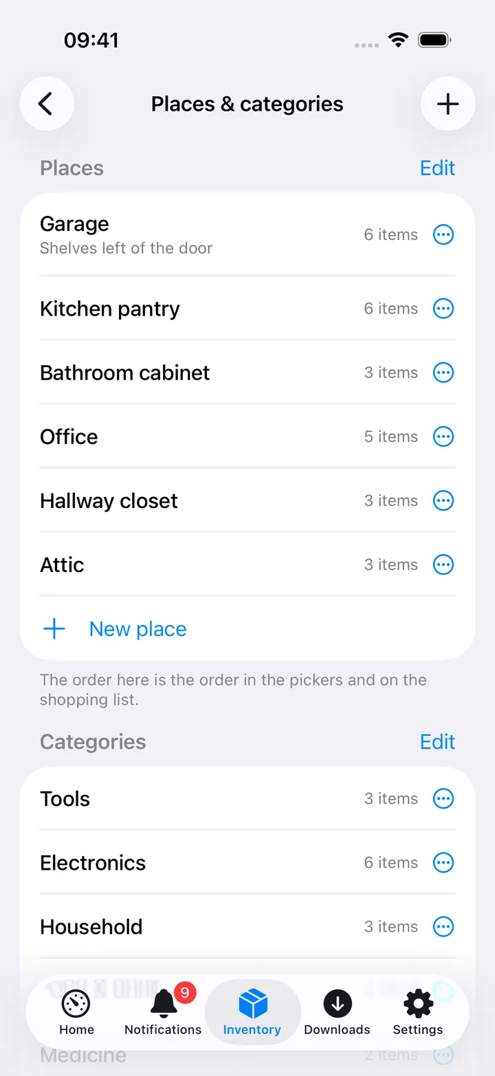 Places & categories: Garage, Kitchen pantry, Bathroom cabinet, Office, Hallway closet and Attic with their item counts and a ⋯ on every row, New place, then the categories