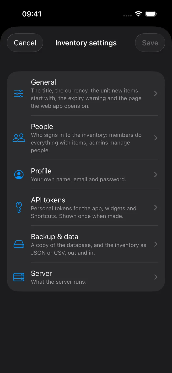 Inventory settings: General, People, Profile, API tokens, Backup & data and Server as rows with a line of explanation under each