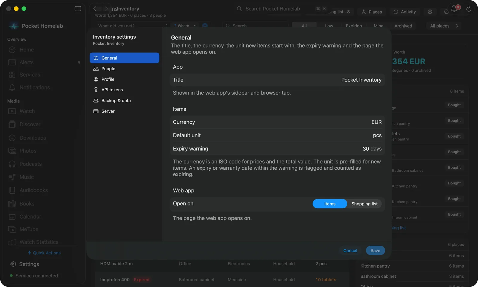 Inventory settings on the Mac: the sidebar with General, People, Profile, API tokens, Backup & data and Server, and the General form