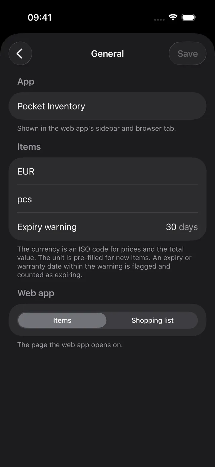 The General page: Title, Currency EUR, Default unit pcs, Expiry warning 30 days, and the Items / Shopping list picker