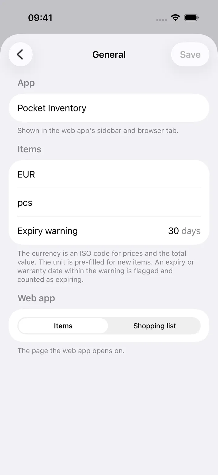 The General page: Title, Currency EUR, Default unit pcs, Expiry warning 30 days, and the Items / Shopping list picker