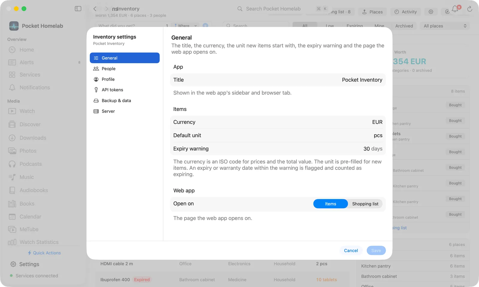 Inventory settings on the Mac: the sidebar with General, People, Profile, API tokens, Backup & data and Server, and the General form