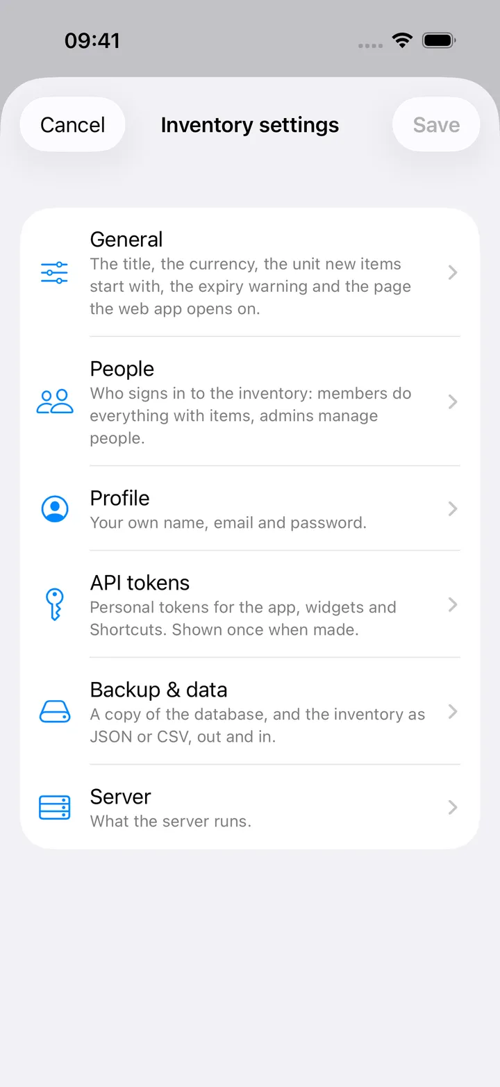 Inventory settings: General, People, Profile, API tokens, Backup & data and Server as rows with a line of explanation under each