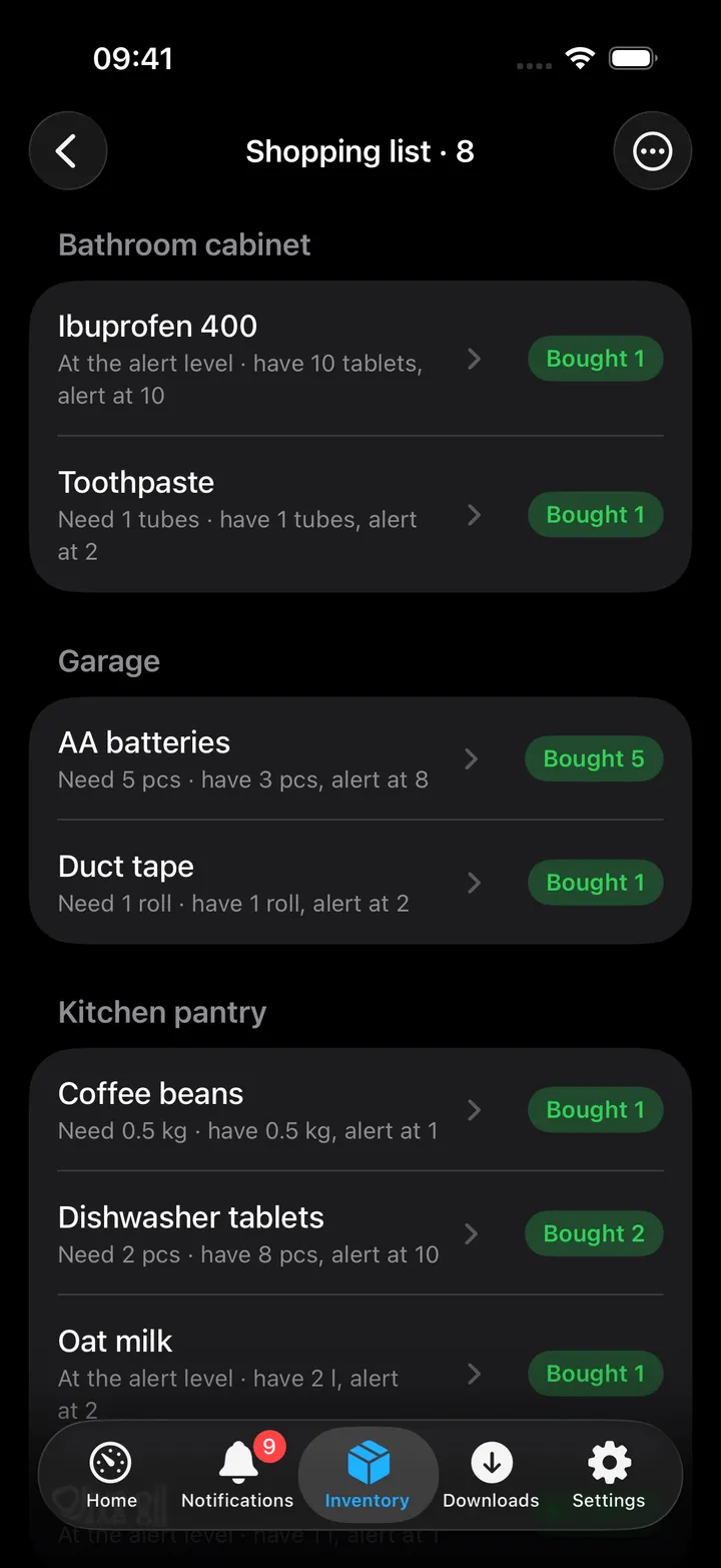 The shopping list: Bathroom cabinet with Ibuprofen 400 and Toothpaste, Garage with AA batteries and Duct tape, Kitchen pantry with Coffee beans, Dishwasher tablets, Oat milk and Olive oil, each with Need and a green Bought button, then Expiring