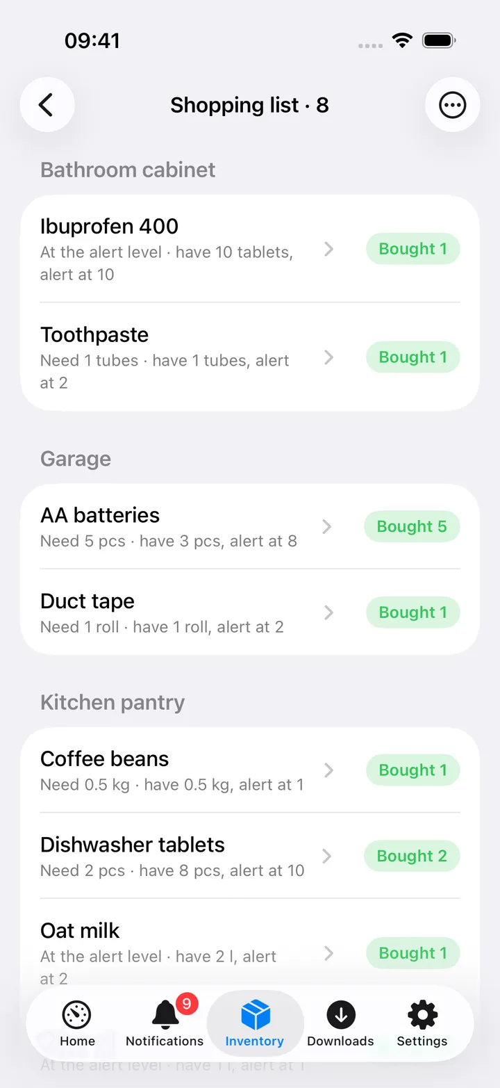 The shopping list: Bathroom cabinet with Ibuprofen 400 and Toothpaste, Garage with AA batteries and Duct tape, Kitchen pantry with Coffee beans, Dishwasher tablets, Oat milk and Olive oil, each with Need and a green Bought button, then Expiring