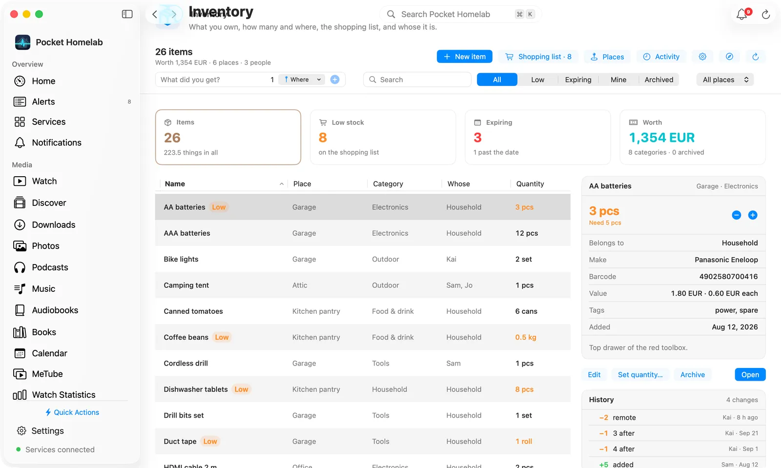 The Inventory workspace on the Mac: the bar with the quick add, search and the scope picker, the Items, Low stock, Expiring and Worth figures, the table of items with − and + in the Quantity column, and AA batteries selected at the right with its quantity, facts and history