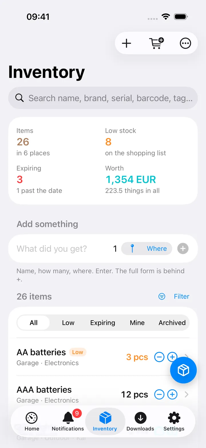 The Inventory screen: Items, Low stock, Expiring and Worth figures, the Add something row, the All / Low / Expiring / Mine / Archived picker, and the items AA batteries (Low), AAA batteries, Bike lights with their quantities and − and + buttons