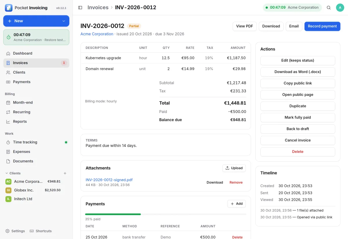Invoice INV-2026-0012 for Acme Corporation, partly paid, with a signed PDF attached and its timeline