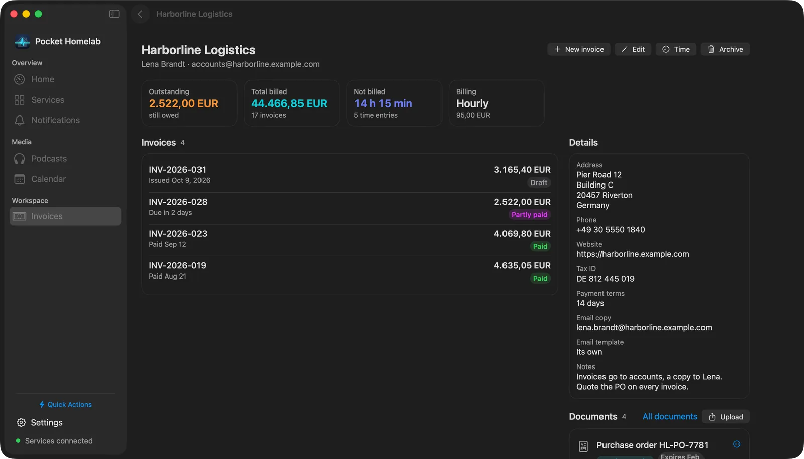 Harborline Logistics on the Mac: Outstanding, Total billed, Not billed and Billing as cards, the client's invoices, and the details and documents in a column at the right