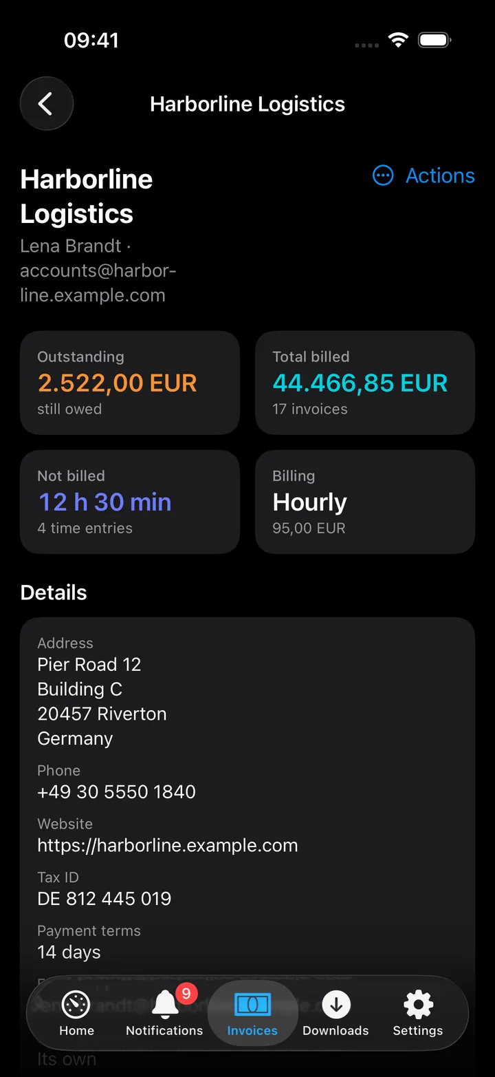 Harborline Logistics' page: Outstanding, Total billed, the time not billed yet in four entries, Hourly at 95 EUR, then the address, phone, website and tax ID