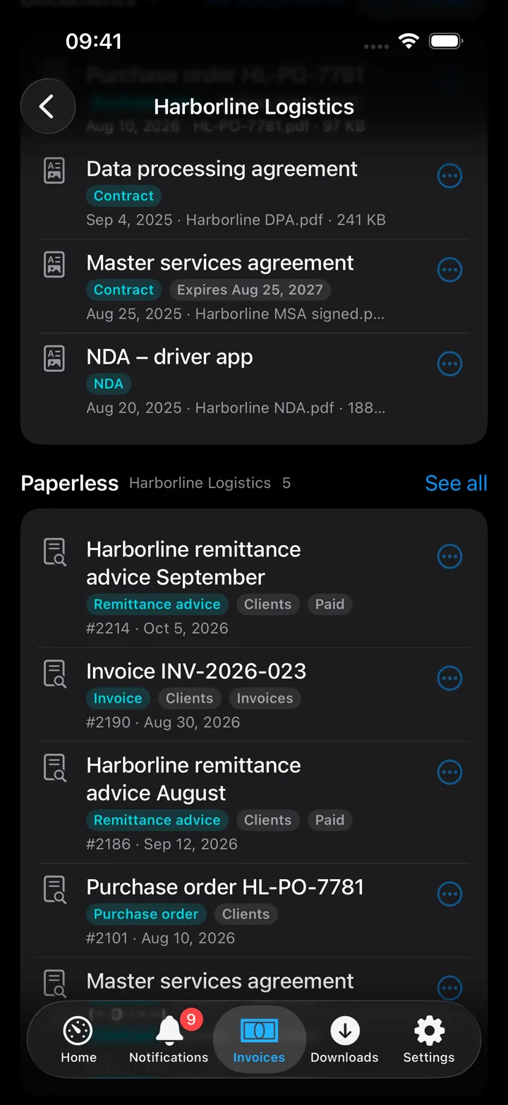 The client's documents (purchase order, data processing agreement, master services agreement with its expiry, NDA) each with a ⋯ button, then Paperless with the correspondent's remittance advices, an archived invoice and the purchase order, with type and tags