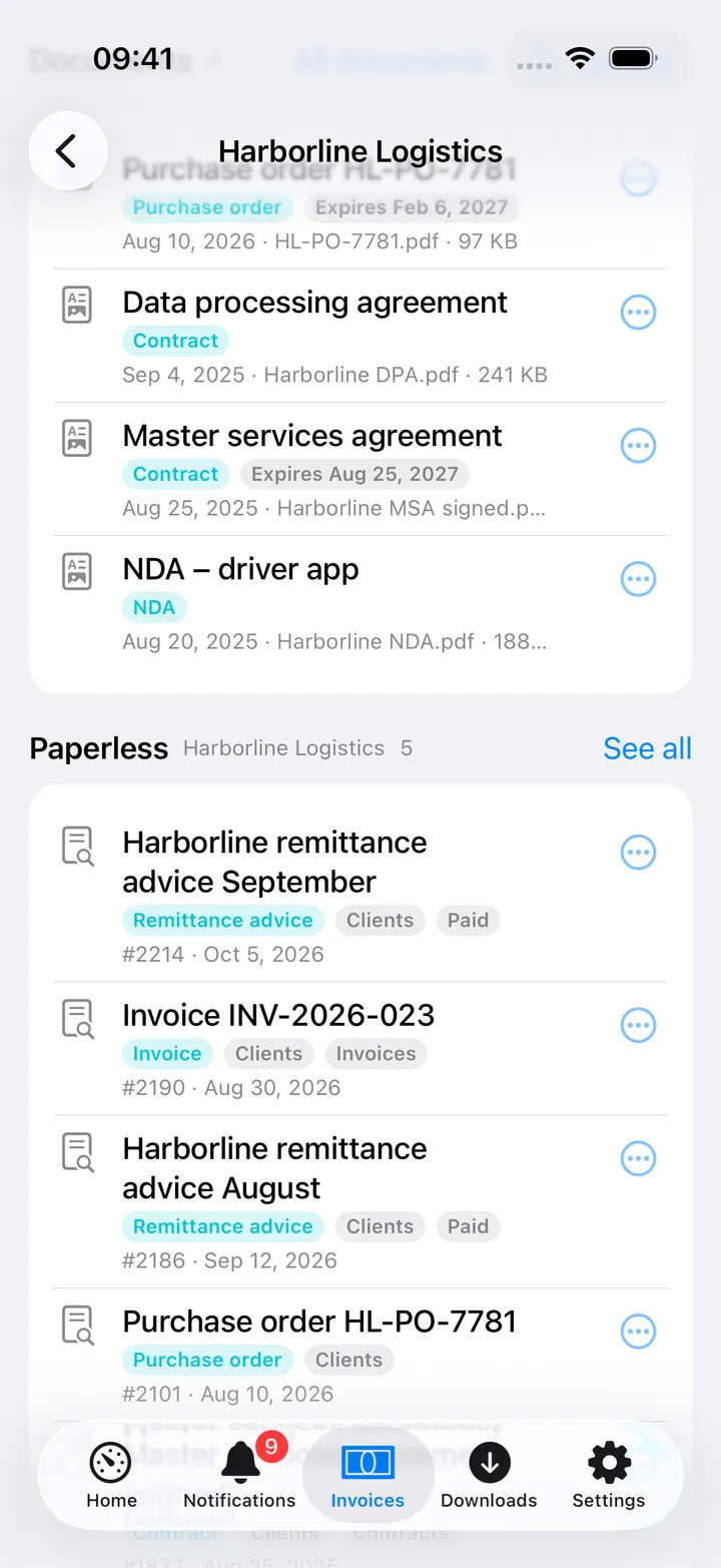 The client's documents (purchase order, data processing agreement, master services agreement with its expiry, NDA) each with a ⋯ button, then Paperless with the correspondent's remittance advices, an archived invoice and the purchase order, with type and tags