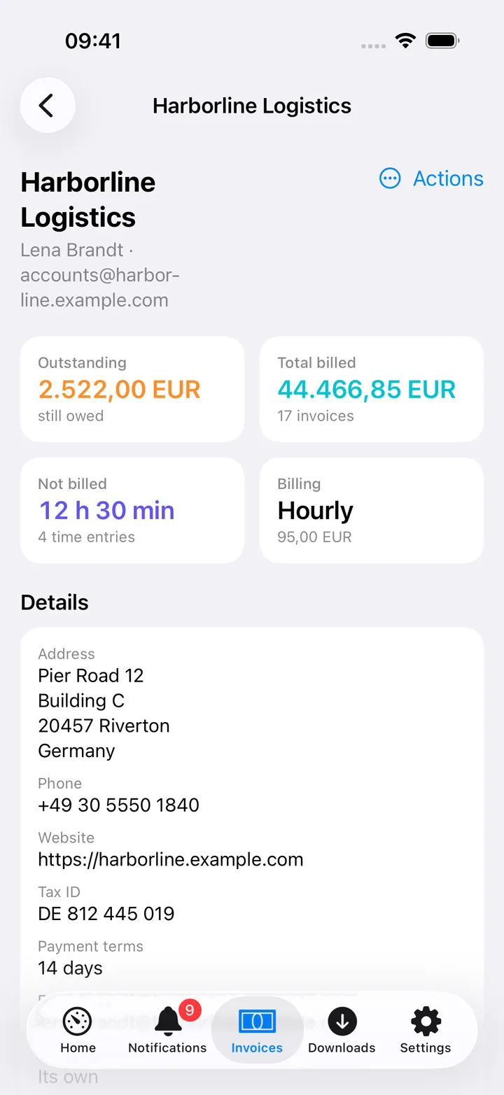 Harborline Logistics' page: Outstanding, Total billed, the time not billed yet in four entries, Hourly at 95 EUR, then the address, phone, website and tax ID