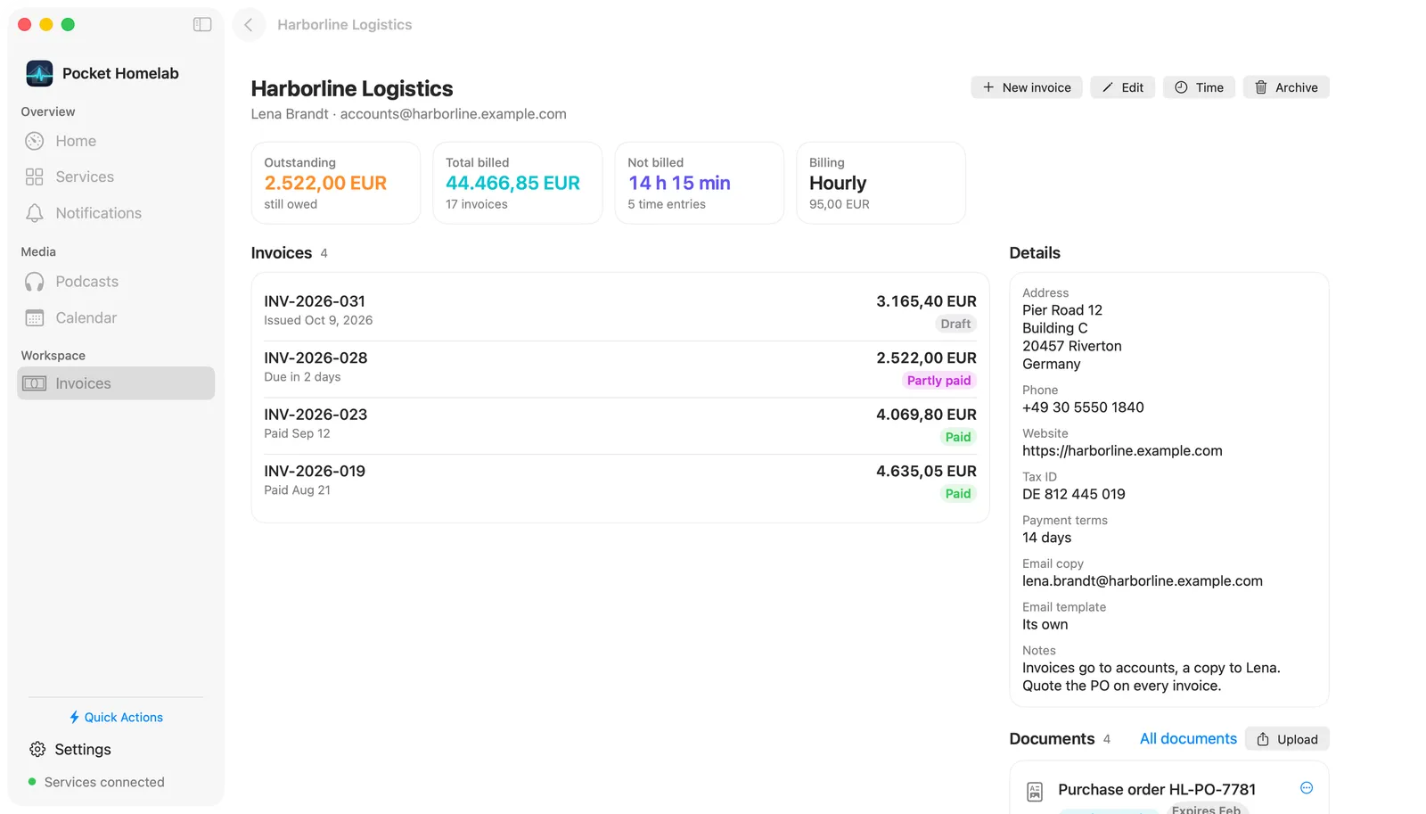 Harborline Logistics on the Mac: Outstanding, Total billed, Not billed and Billing as cards, the client's invoices, and the details and documents in a column at the right