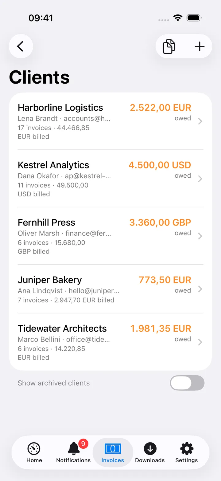 Clients list: Harborline Logistics, Kestrel Analytics, Fernhill Press, Juniper Bakery and Tidewater Architects with contact, invoice count, what each was billed and, in orange, what each still owes in its own currency