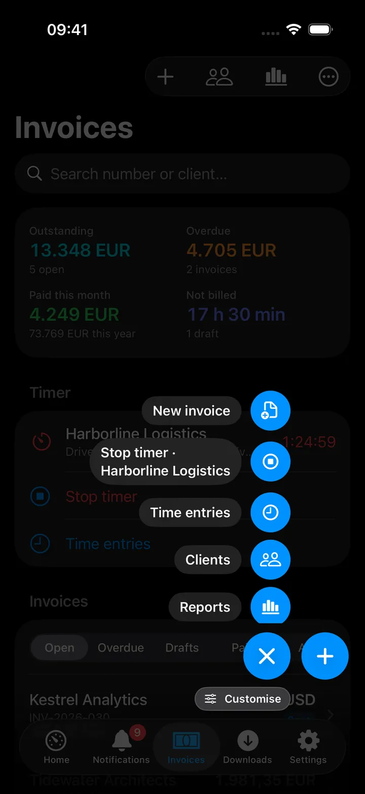 The round Invoices button open beside the +: New invoice, Stop timer for Harborline Logistics, Time entries, Clients and Reports, with Customise under them