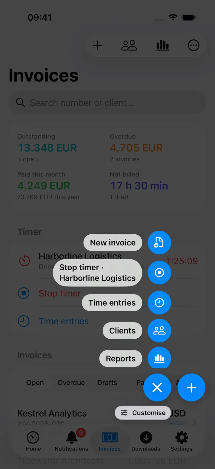 The round Invoices button open beside the +: New invoice, Stop timer for Harborline Logistics, Time entries, Clients and Reports, with Customise under them