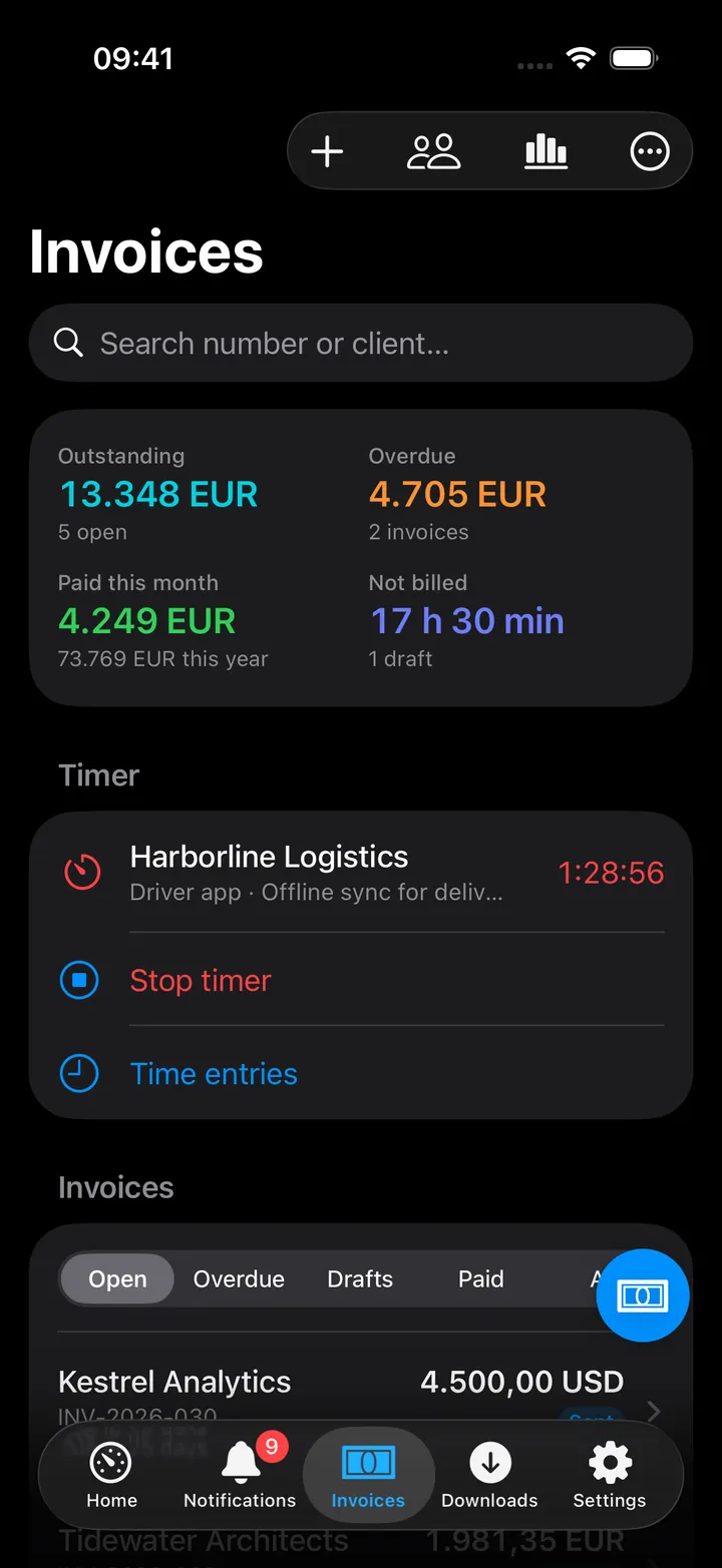 Invoices screen: Outstanding, Overdue, Paid this month and Not billed in colour, a running timer for Harborline Logistics with Stop timer and Time entries, and the open invoices under an Open, Overdue, Drafts, Paid, All filter