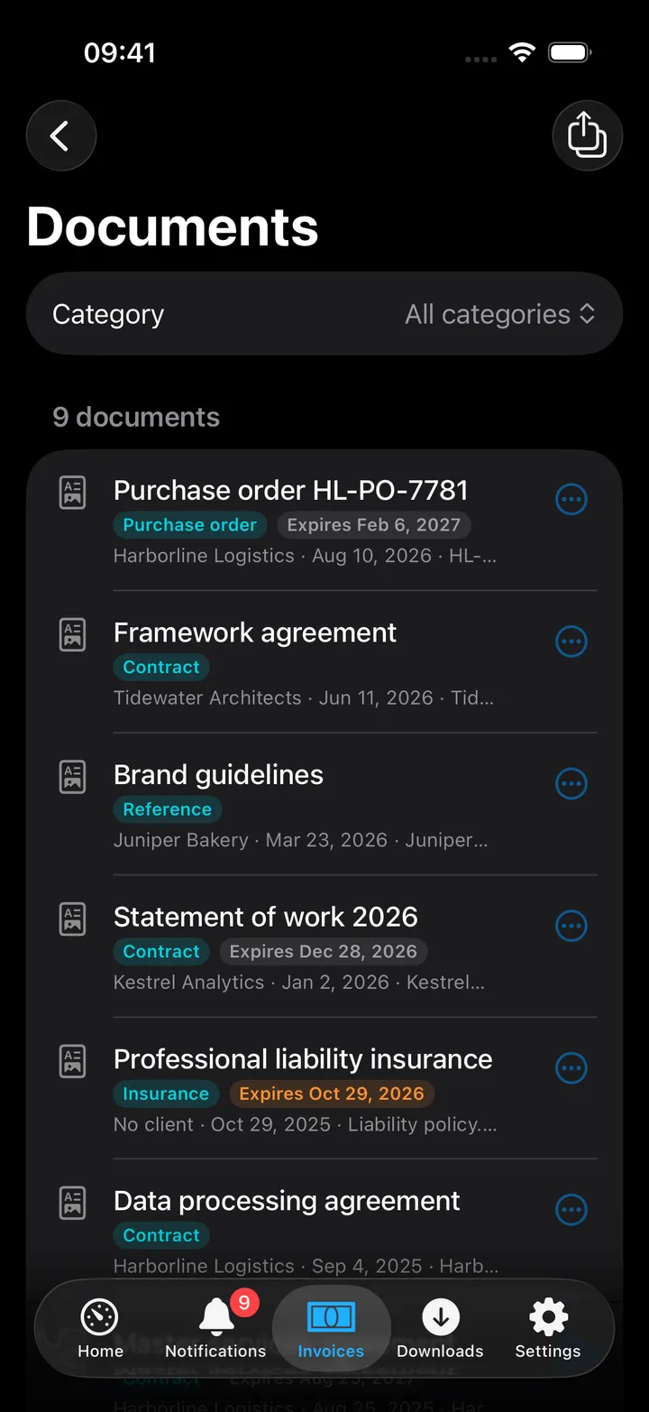 All documents: a category filter and nine documents with their category, expiry and client, including a liability insurance policy that expires this month