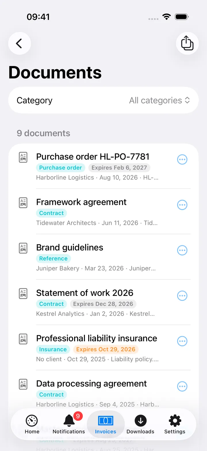 All documents: a category filter and nine documents with their category, expiry and client, including a liability insurance policy that expires this month