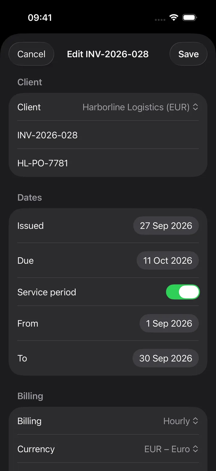 Edit invoice sheet: the client, number and PO, the issue and due dates, the service period switched on with its dates, and the billing mode and currency