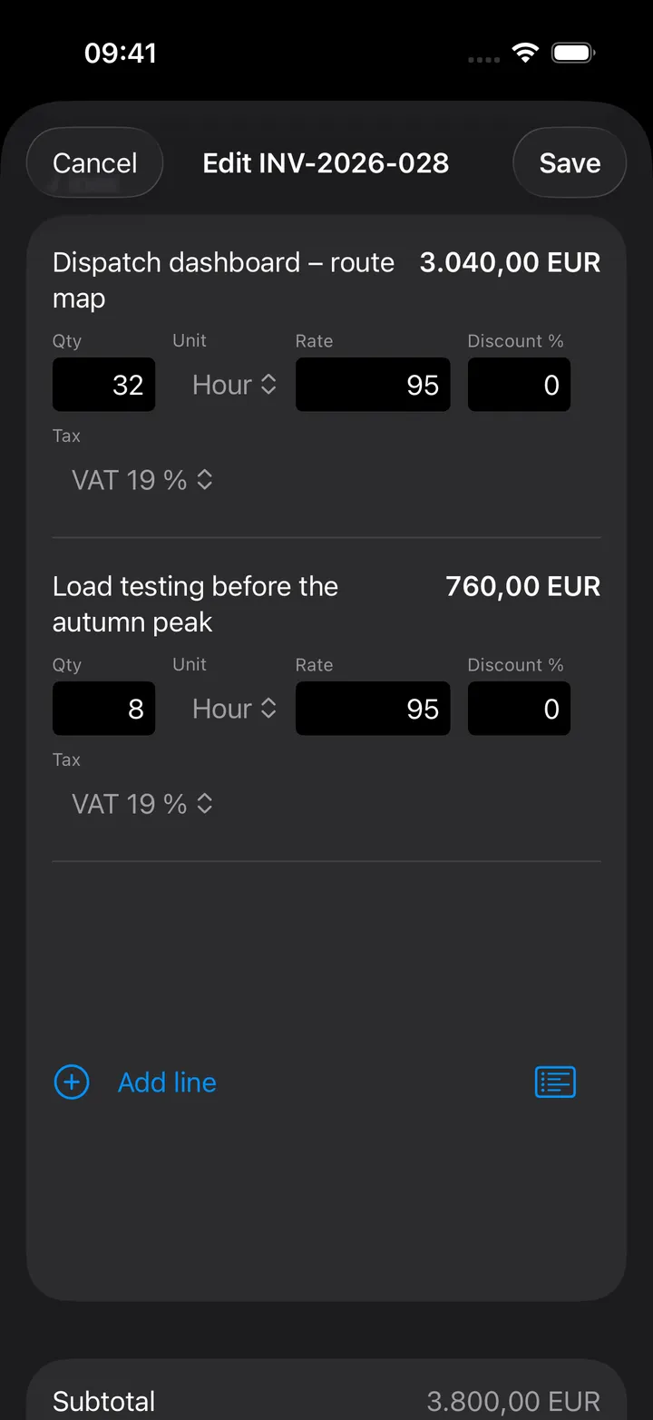 The editor's lines: each with its description and amount, quantity, unit, rate, discount and VAT 19 %, then Add line and the subtotal