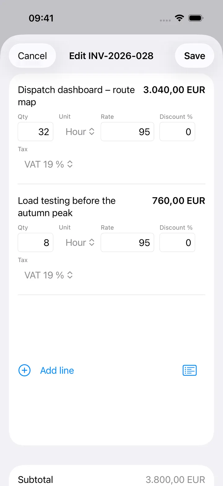 The editor's lines: each with its description and amount, quantity, unit, rate, discount and VAT 19 %, then Add line and the subtotal