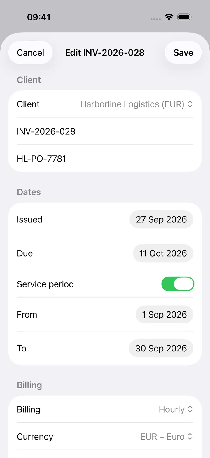 Edit invoice sheet: the client, number and PO, the issue and due dates, the service period switched on with its dates, and the billing mode and currency