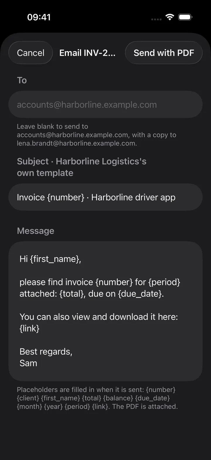 Email sheet: To left blank for the client's address with a copy to the contact, the subject and message from Harborline Logistics' own template with placeholders, and Send with PDF