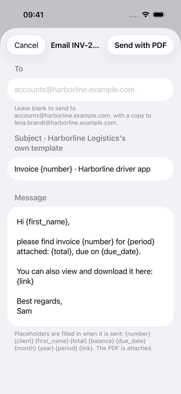 Email sheet: To left blank for the client's address with a copy to the contact, the subject and message from Harborline Logistics' own template with placeholders, and Send with PDF