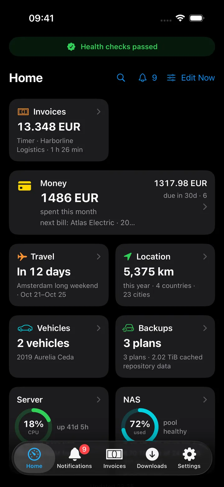 Home with an Invoices card showing what is outstanding and the running timer for Harborline Logistics, beside Money, Travel and Location cards