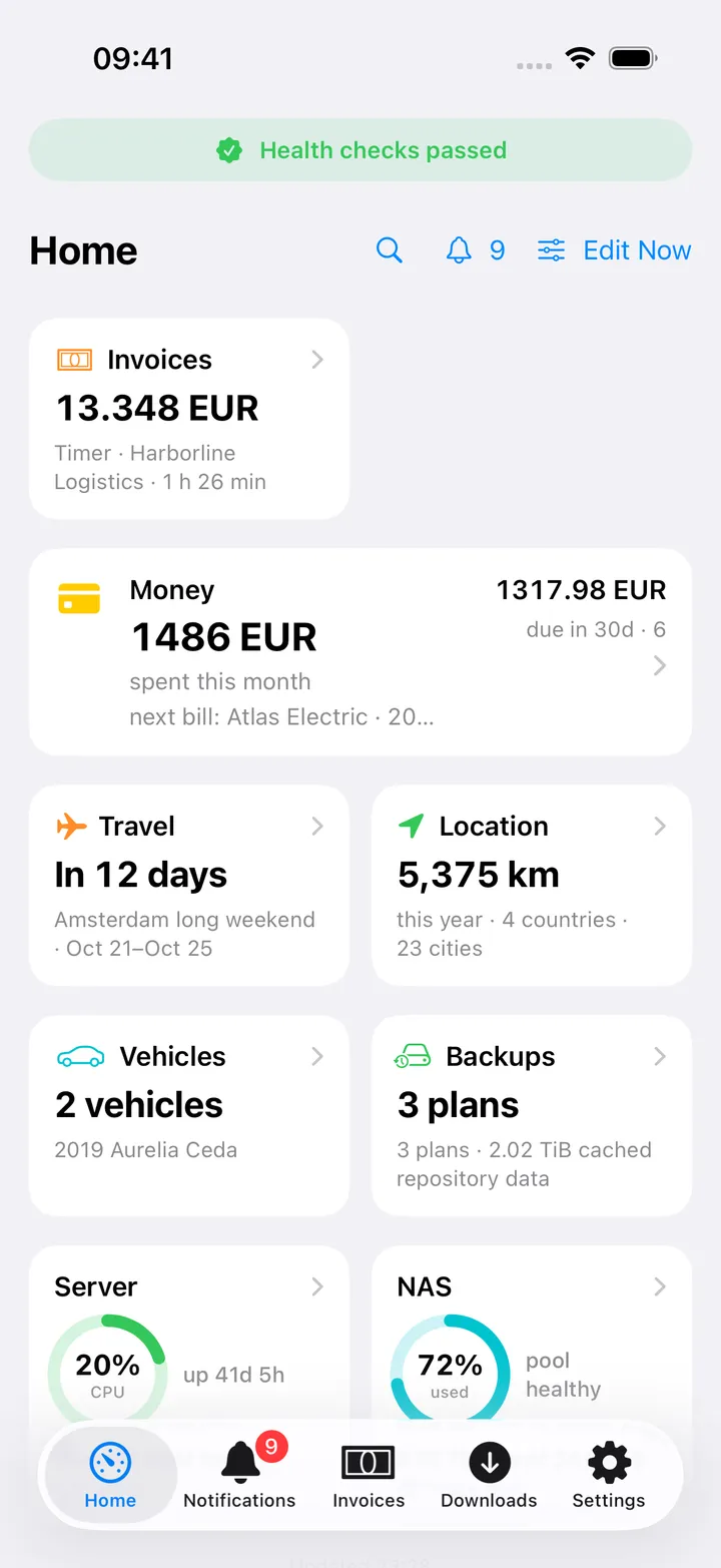 Home with an Invoices card showing what is outstanding and the running timer for Harborline Logistics, beside Money, Travel and Location cards