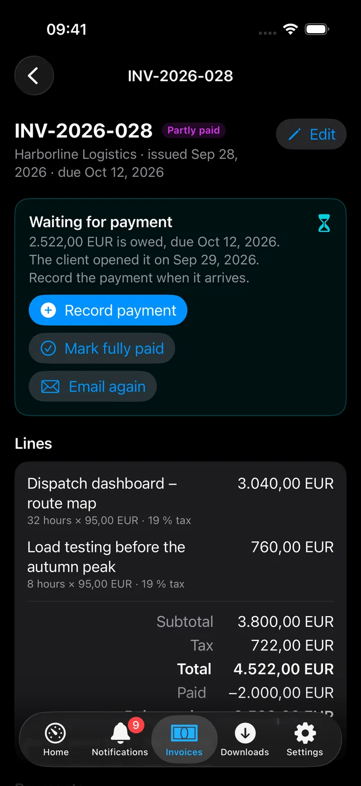 A partly paid invoice for Harborline Logistics: a Next step card saying what is still owed and when it is due, with Record payment, Mark fully paid and Email again, then the two lines with hours, rate and tax, and the totals