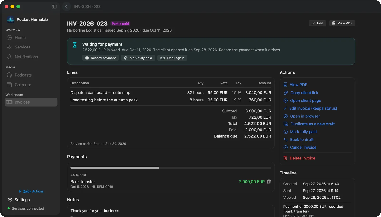 An invoice's page on the Mac: the Next step card with Record payment, Mark fully paid and Email again, the lines as a table with quantity, rate, tax and amount, the totals and the payment, and the actions and the timeline in a column at the right