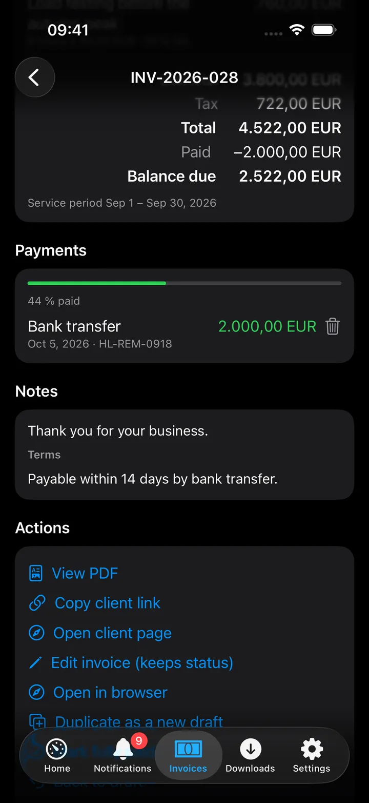 Further down the invoice: the balance due, the payment received by bank transfer with its reference, and the Actions list (View PDF, Copy client link, Edit, Duplicate, Mark fully paid, Back to draft, Cancel, Delete)