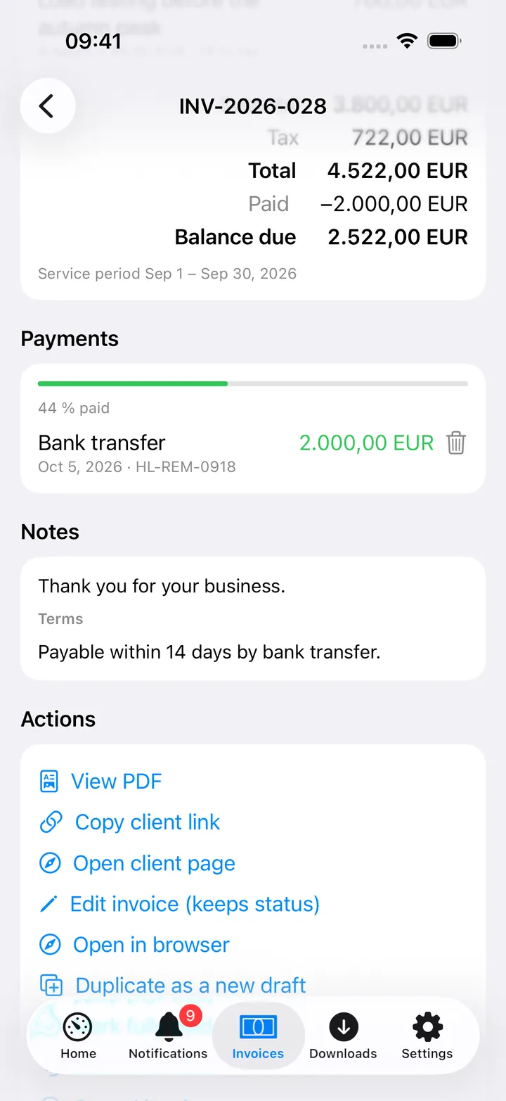 Further down the invoice: the balance due, the payment received by bank transfer with its reference, and the Actions list (View PDF, Copy client link, Edit, Duplicate, Mark fully paid, Back to draft, Cancel, Delete)