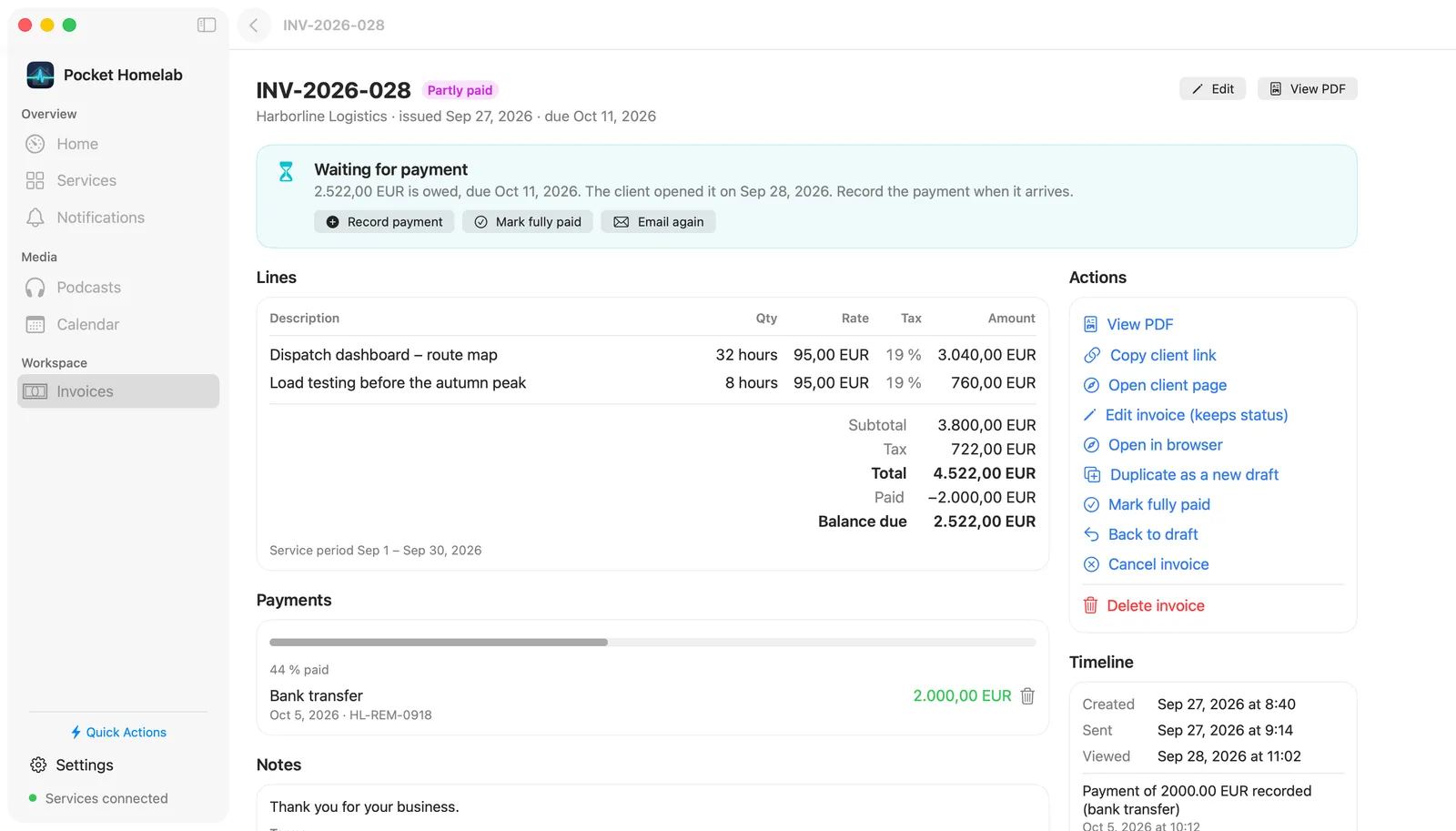 An invoice's page on the Mac: the Next step card with Record payment, Mark fully paid and Email again, the lines as a table with quantity, rate, tax and amount, the totals and the payment, and the actions and the timeline in a column at the right