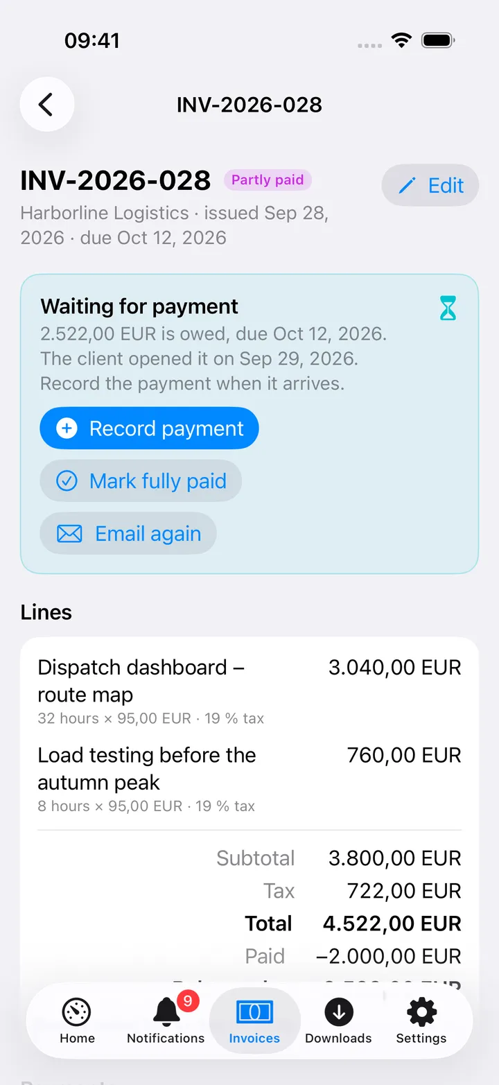 A partly paid invoice for Harborline Logistics: a Next step card saying what is still owed and when it is due, with Record payment, Mark fully paid and Email again, then the two lines with hours, rate and tax, and the totals