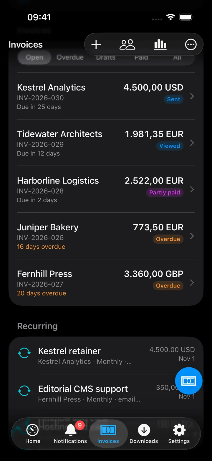 The open invoices with client, number, amount in the invoice's currency, a status tag (Sent, Viewed, Partly paid, Overdue) and when each is due or how late it is, then the Recurring profiles with their schedule and next date