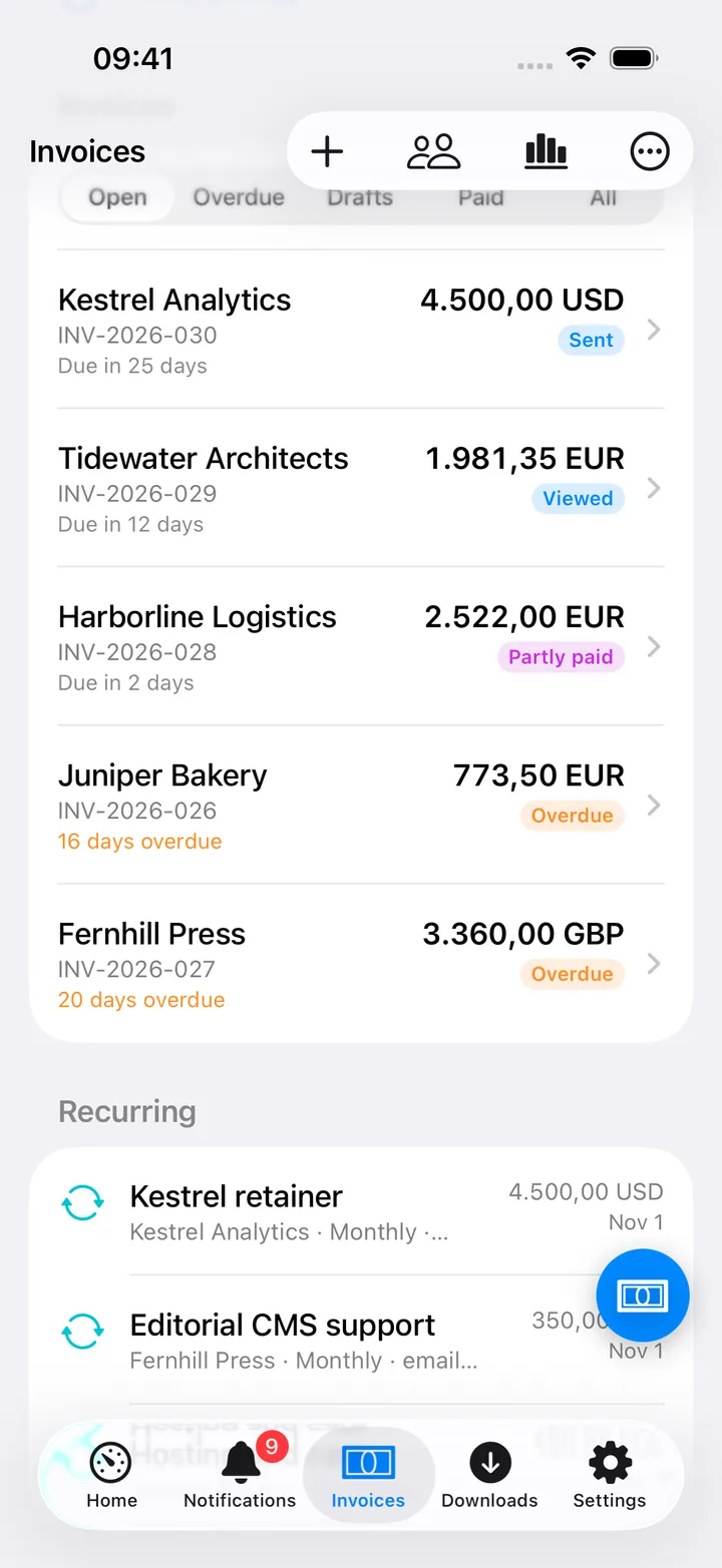 The open invoices with client, number, amount in the invoice's currency, a status tag (Sent, Viewed, Partly paid, Overdue) and when each is due or how late it is, then the Recurring profiles with their schedule and next date