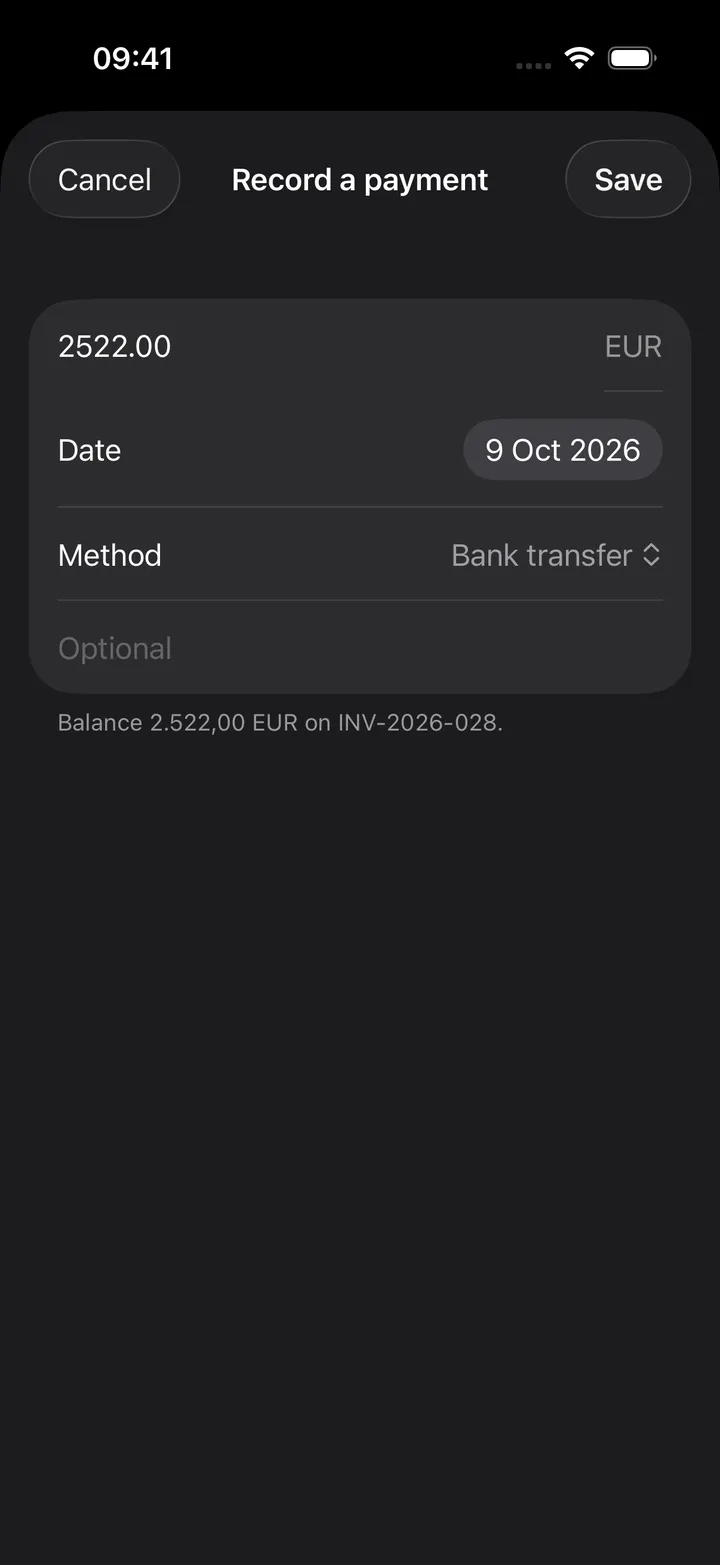 Record a payment sheet with the balance filled in, today's date, Bank transfer as the method and an optional reference