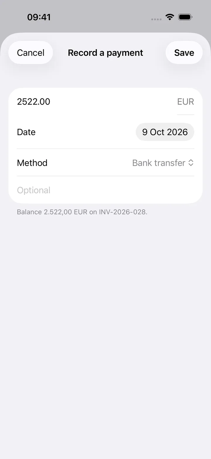 Record a payment sheet with the balance filled in, today's date, Bank transfer as the method and an optional reference