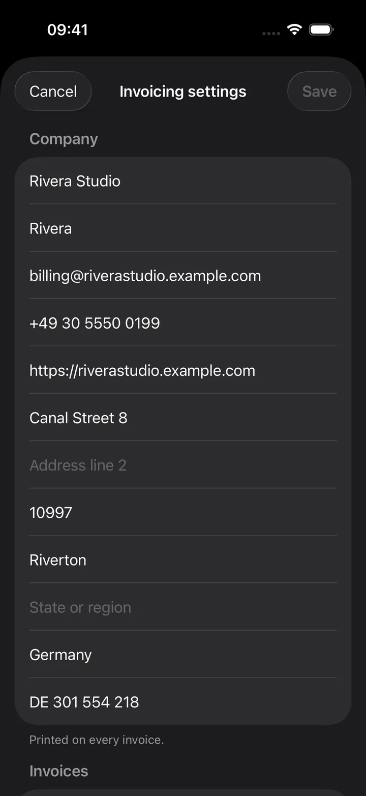Invoicing settings sheet: the company printed on invoices, with name, short name, email, phone, website, address and tax ID